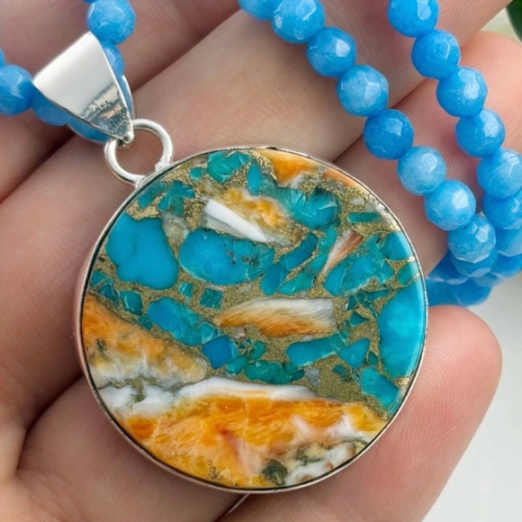 Southwest Jewelry - Oyster Turquoise Pendant Necklace Boho Southwest Round Orange Blue New 925